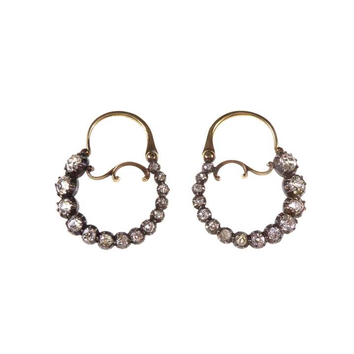 Pair of early graduated diamond hoop earrings